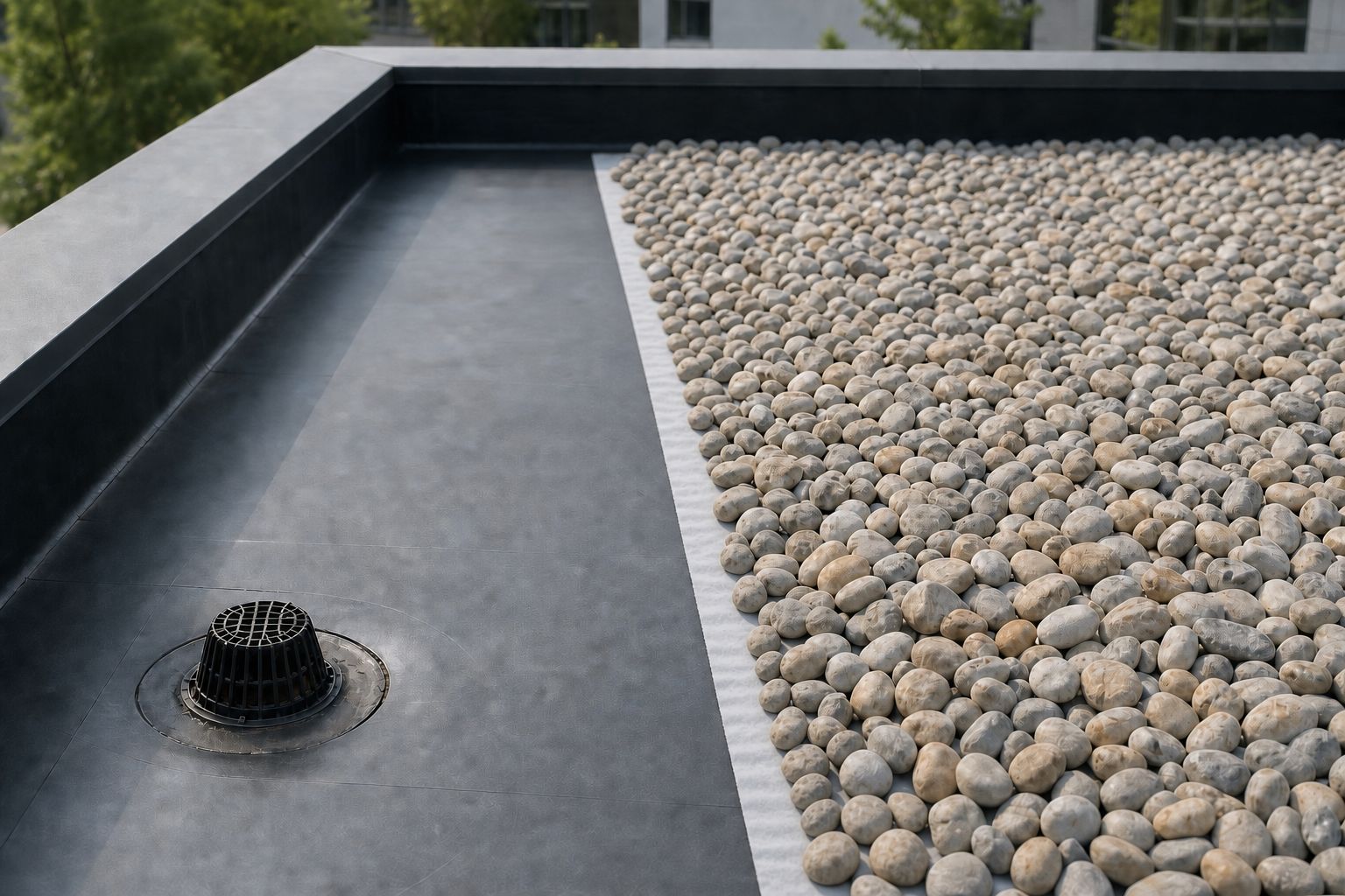Dach płaski z membraną EPDM ułożoną w systemie balastowym